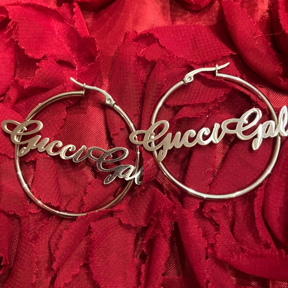 GucciGal Custom Made Silver Script Hoop Earrings - Picture 5 of 6